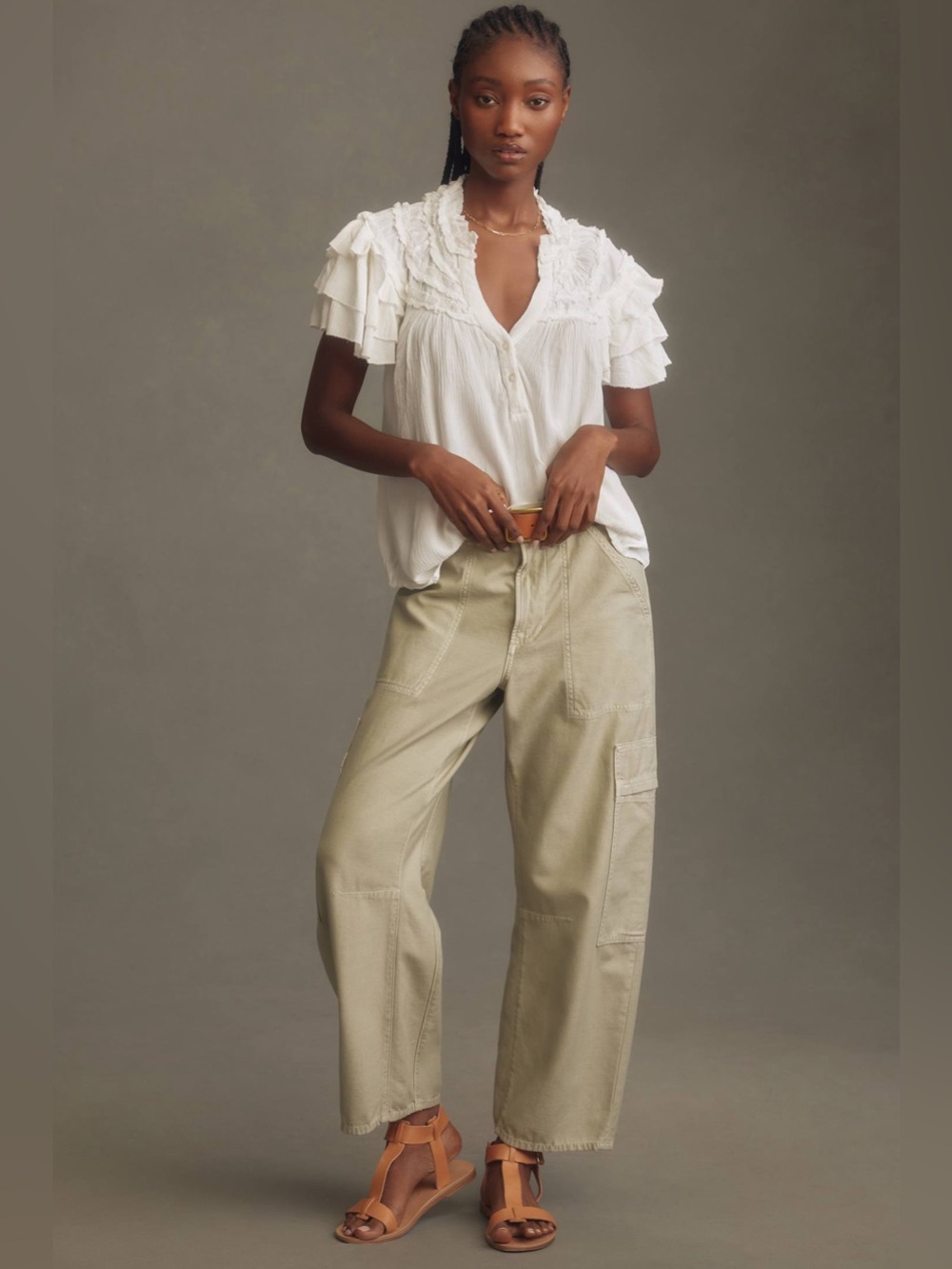 Anthropology Maeve Ivory Ruffle Smocked Top